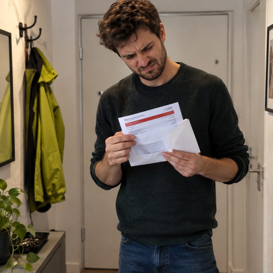Ein Mann steht im Flur und liest eine Mahnung, die er gerade geöffnet hat.